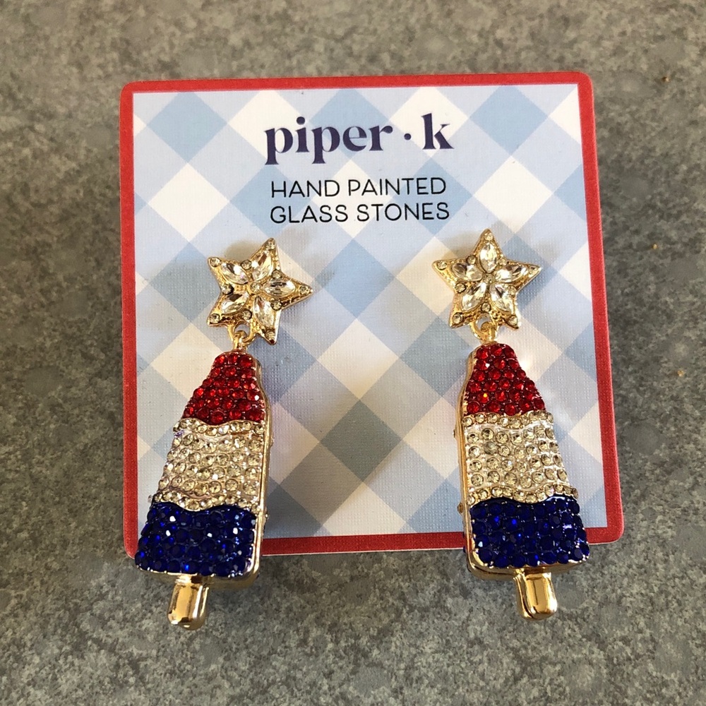 Piper K Gold Tone Star With Red, White & Blue Popsicle Drop Earrings Crystal NWT